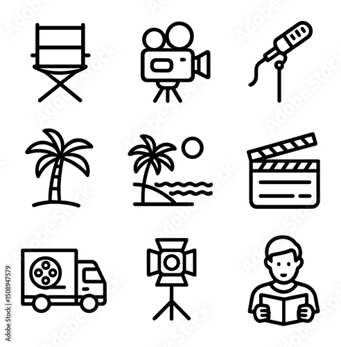 Exotic Film Set Icons. Outline icon set of a film set on an exotic location with actors and crew