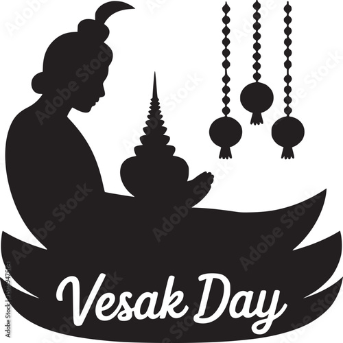 Silhouette of a woman holding a tiered object with hanging ornaments for vesak day celebration