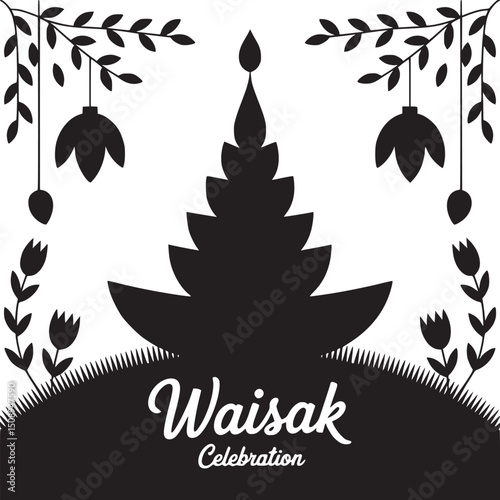 Waisak celebration design with tree silhouette and floral decorations in black and white style art