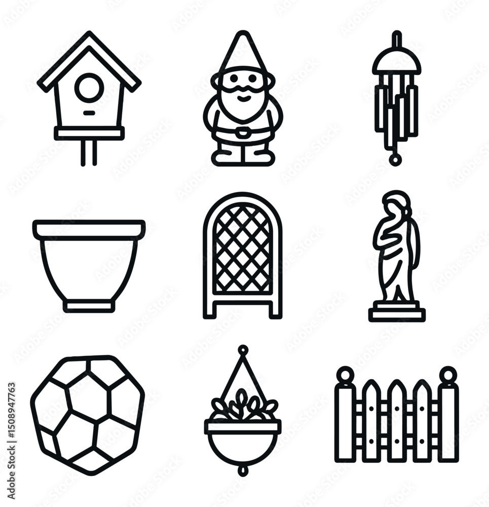 Garden Decoration Icons. Outline icon set of garden decorations: birdhouse, garden gnome, wind chime, planter pot, trellis, statue Garden Decoration Icons. Outline icon set of garden decorations: birdhouse, garden gnome, wind chime, planter pot, trellis, statue