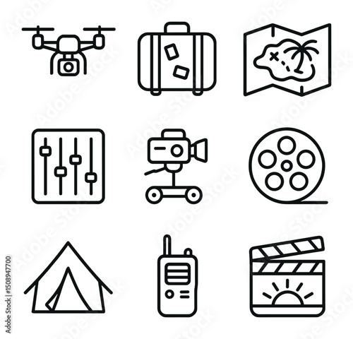 Exotic Film Icons. Outline icon set of exotic film production essentials: drone camera, travel