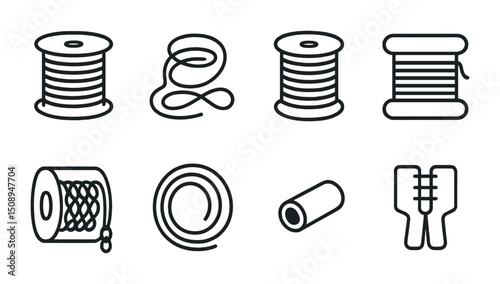Sewing and textile tools icons: thread, yarn, and zipper designs for crafts