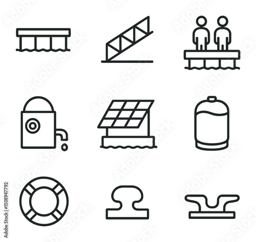 Floating Community Icon Set. Outline icon set of floating community modules: pontoon base, gangway ramp, communal deck, water