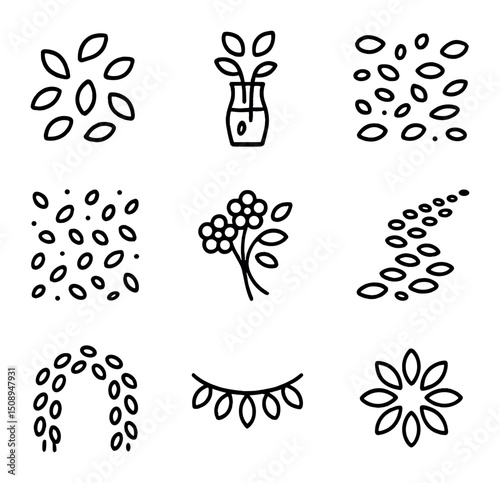 Floral Petal Icons. Outline icon set of floral arrangement petals: loose petals, petal vase, table scatter petals, petal confetti,