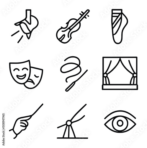 Expressive Arts Icons. Outline icon set of expressive performance arts: stage spotlight, violin,