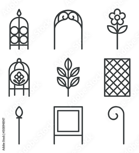 Garden Trellis Icons. Outline icon set of decorative trellises and plant supports: wrought-iron trellis, scrollwork arch,