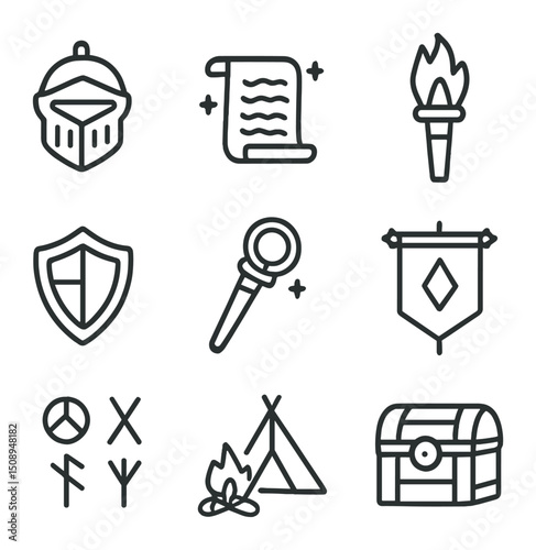 Fantasy Icon Grid. Outline icon set of fantasy LARP and medieval themes: knight helmet, enchanted