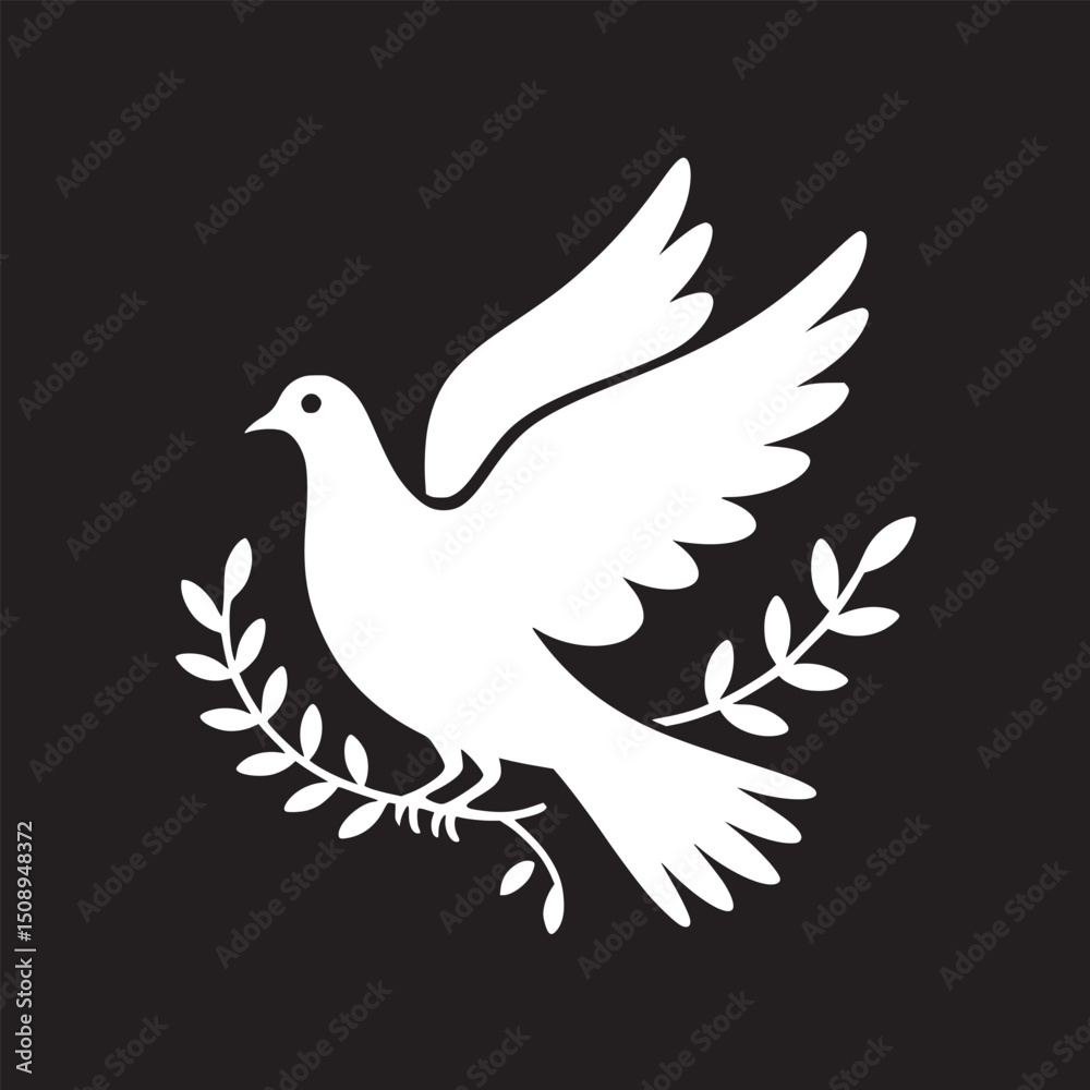 Obraz premium White dove with olive branch on black background symbolizing peace and hope in a simple illustration