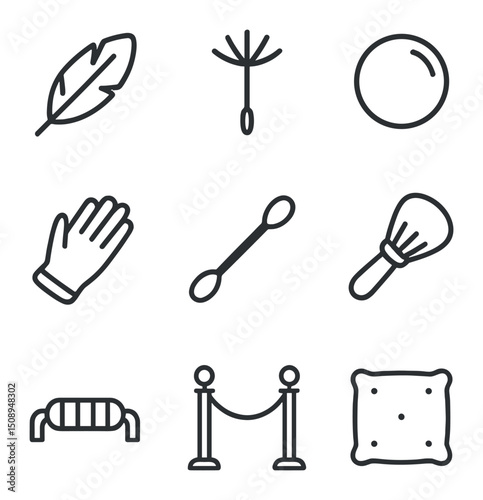 Gentle Touch Icon Set. Outline icon set of gentle touch cues: feather, dandelion seed, bubble, silk glove, cotton swab, soft brush