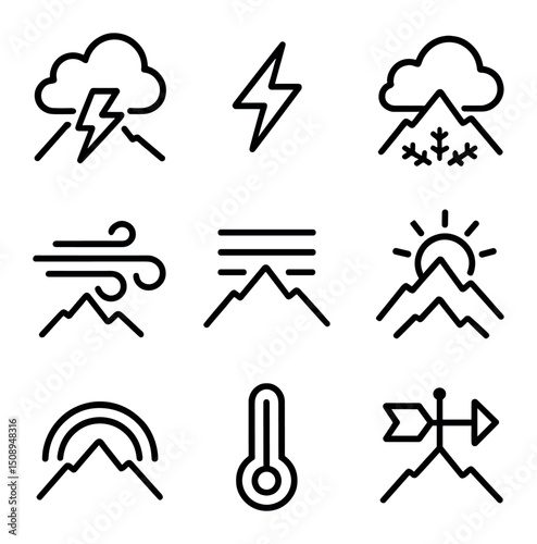 Mountain Weather Icons. Outline icon set of mountain weather phenomena: thundercloud, lightning bolt, snowfall, gust of wind, fog