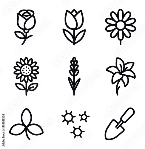 Flower Garden Icons. Outline icon set of flower garden: rose bloom, tulip bulb, daisy head, sunflower stalk, lavender sprig, lily