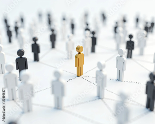 Colorful Human Figures Connected by Dotted Lines on a White Background, Representing Social Networking, Teamwork, Leadership, Diversity, and Community Structure in a Digital Concept