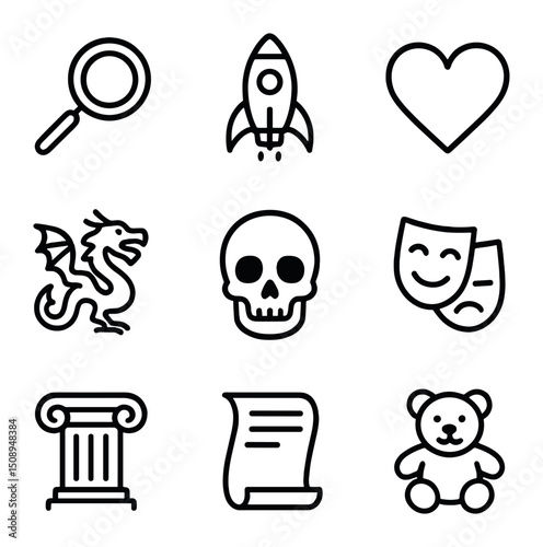 Fiction Genre Icons. Outline icon set of fiction genres and themes: mystery magnifying glass, sci-fi