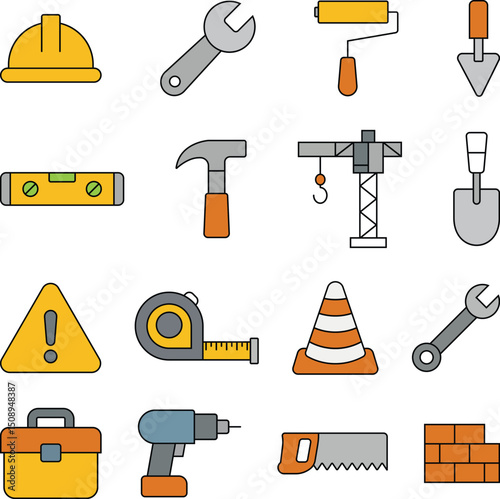 Construction themed icons. Includes tools, safety equipment, machinery, construction workers, crane, blueprint, barrier, toolbox, helmet, and more.