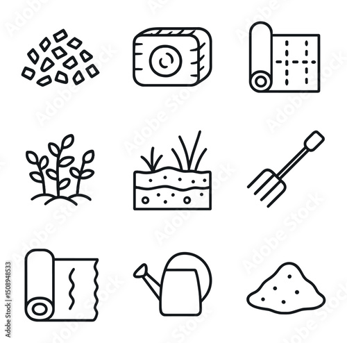 Mulching Icon Set. Outline icon set of mulching & ground cover: wood chip mulch, straw bale, landscape fabric, groundcover plant,