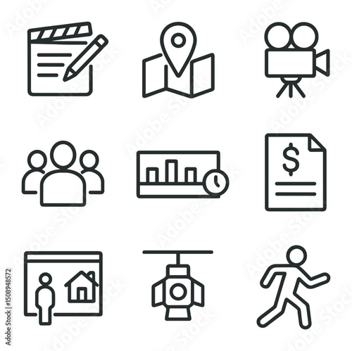 Film Pre-Production Icons. Outline icon set of cinematic production environment: director with