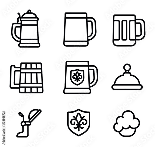 German Beer Stein Icons. Outline icon set of German beer stein variations: stein with lid, ceramic stein, glass mug, wooden