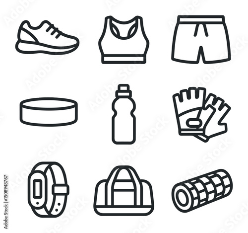 Fitness Gear Icons. Outline icon set of fitness gear essentials: athletic shoes, sports bra, gym