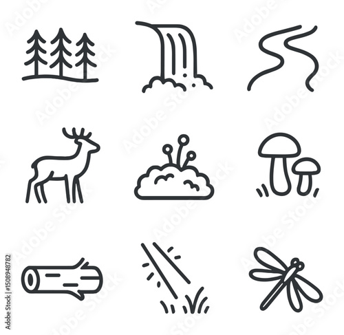 Forest Icon Set. Outline icon set of forest horizons: treetop line, waterfall edge, stream bend, deer silhouette, moss patch,