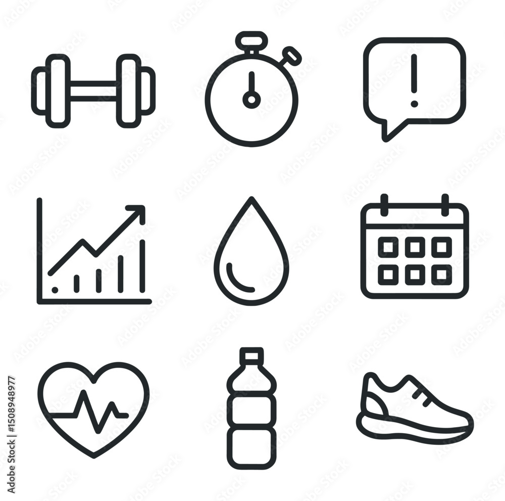 Fototapeta premium Fitness Motivation Icons. Outline icon set of fitness motivation: dumbbell, stopwatch, motivational