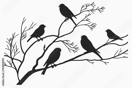 Birds silhouetted on bare branches abstract black and white graphic