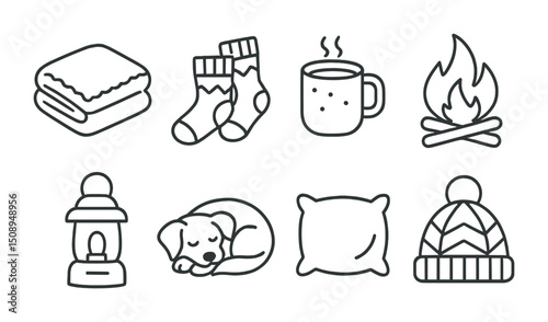 Cozy winter essentials: blanket, socks, and hot drink icons for seasonal design