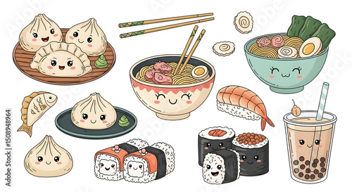 Hand drawn illustrations of whimsical asian street food: dumplings, ramen bowl, sushi rolls, boba tea. Vintage coquette style line art, playful vector doodles.