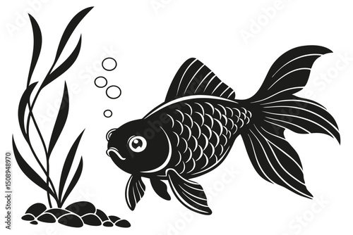 Black and white goldfish silhouette swims near seaweed vector illustration graphic art