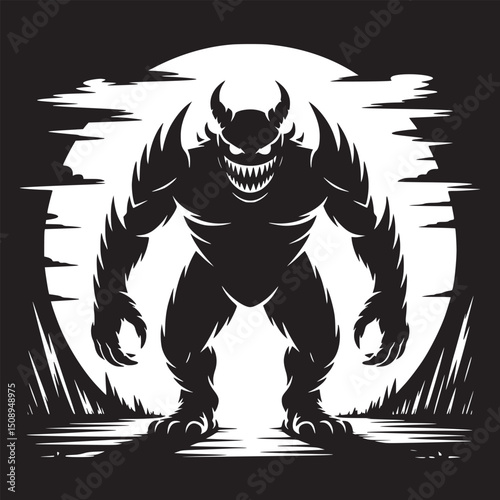 A menacing silhouette of a horned demon with sharp teeth standing before a full moon in a dark scene