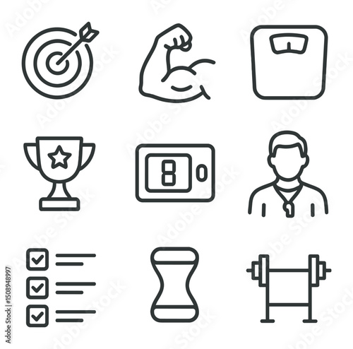 Fitness Goal Icons. Outline icon set of goal-driven workouts: goal target, muscle flex arm, weight