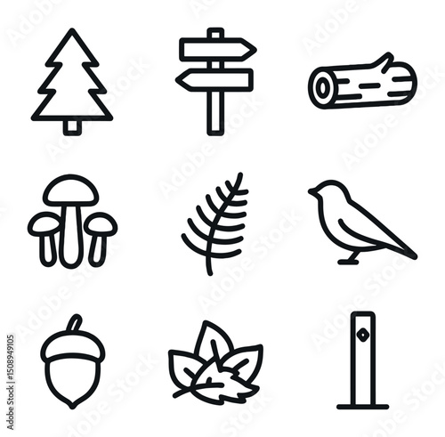 Forest Trail Icons. Outline icon set of forest trail: pine tree, trail sign, fallen log, mushroom cluster, fern frond, bird