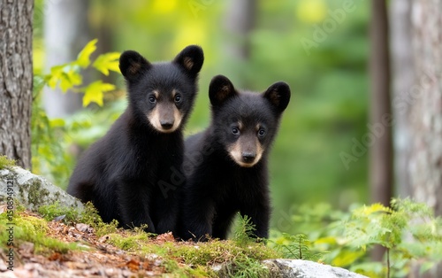 Curious black bear cubs peek from forest