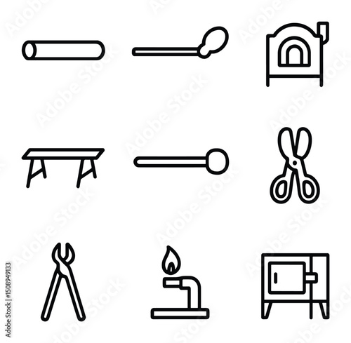 Glassblowing Tools Icons. Outline icon set of glassblowing elements: glass tube, blowpipe, furnace, marver table, punt tool,