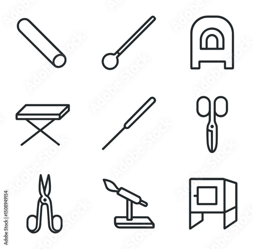 Glassblowing Tools Icons. Outline icon set of glassblowing elements: glass tube, blowpipe, furnace, marver table, punt tool,