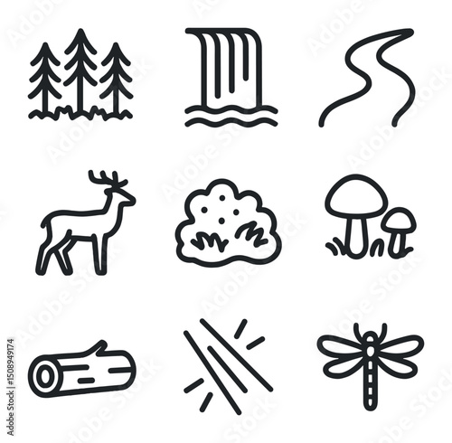 Forest Icon Set. Outline icon set of forest horizons: treetop line, waterfall edge, stream bend, deer silhouette, moss patch,