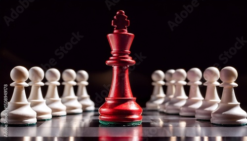 a vibrant red chess queen dominates a shiny chessboard encircled by faceless white pawns the strong shadows highlight themes of leadership and competition