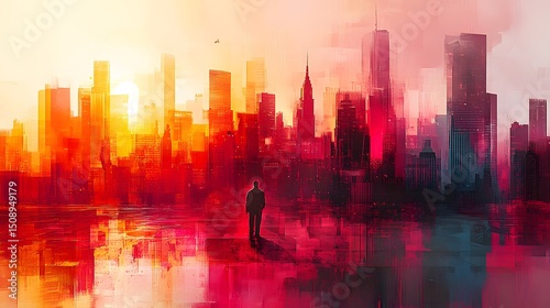 A silhouette stands before a vibrant, abstract cityscape bathed in fiery hues, evoking feelings of solitude, ambition, and urban exploration. The artwork balances bold color with quiet contemplation.