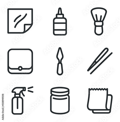 Gold Leaf Tools Icons. Outline icon set of gold leaf embellishment: gold leaf sheet, adhesive size, soft brush, gilding cushion,
