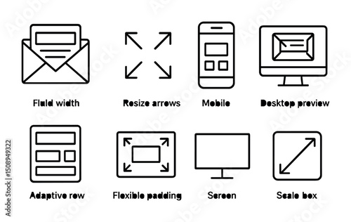 Responsive design icons for mobile, desktop, and web interface layouts