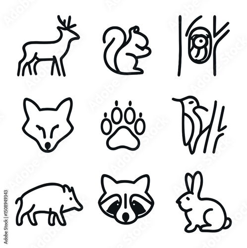 Forest Wildlife Icons. Outline icon set of forest wildlife encounters: deer silhouette, squirrel, owl in tree, fox face, bear paw