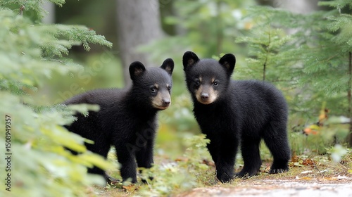 Curious black bear cubs in the woods