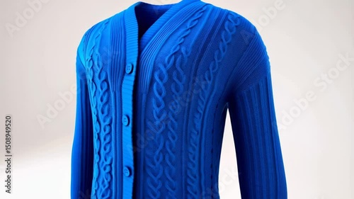Blue cardigan sweater with cable knitting pattern. photo