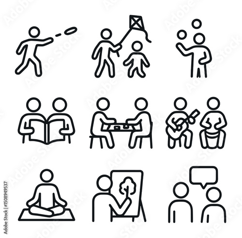 Group Activity Icons. Outline icon set of group activities: frisbee throw, kite flying, juggling balls, book reading, board game,