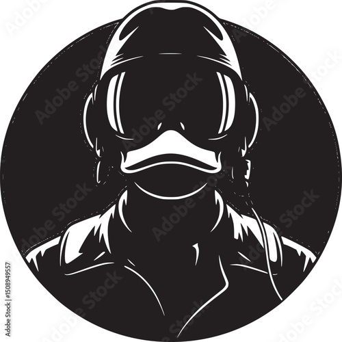 A cartoon duck wearing a pilot helmet and blue goggles in front of a red circle background art