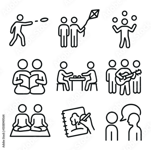 Group Activity Icons. Outline icon set of group activities: frisbee throw, kite flying, juggling balls, book reading, board game,