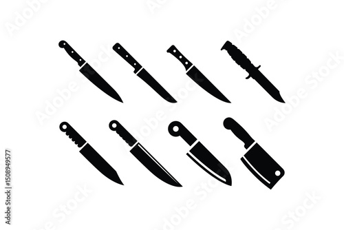 Set of 8 Kitchen Knife Icons Flat Design Chef Tools and Culinary Symbols for UI Web App Logo and Stock Use on White Background