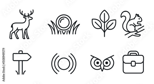 Minimalist woodland icons set featuring deer, owl, and nature elements