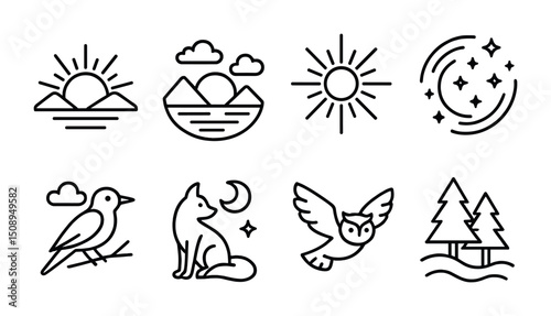 Minimalist nature icons featuring sun, moon, and wildlife elements for design projects