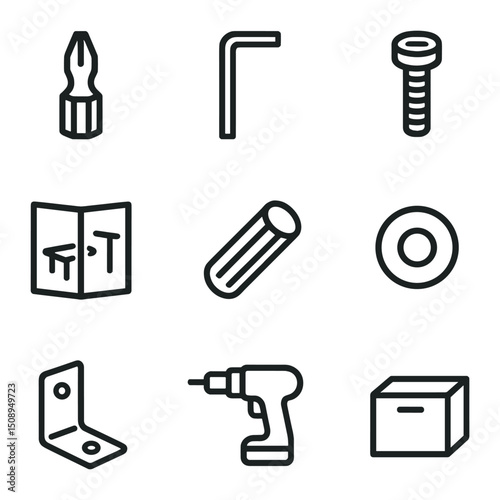 Furniture Assembly Icons. Outline icon set of furniture assembly: screwdriver bit, Allen key, bolt, washer, assembly manual,