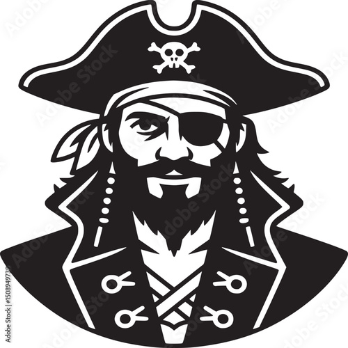A black and white graphic of a pirate with a hat and beard and an eyepatch on a white background